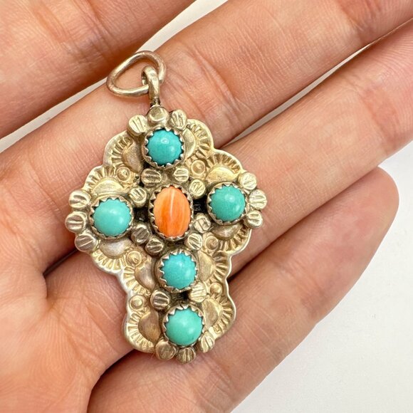 VTG James Shay Navajo Turquoise Coral Concho Design Cross Sterling Silver 925 2" - Picture 6 of 11